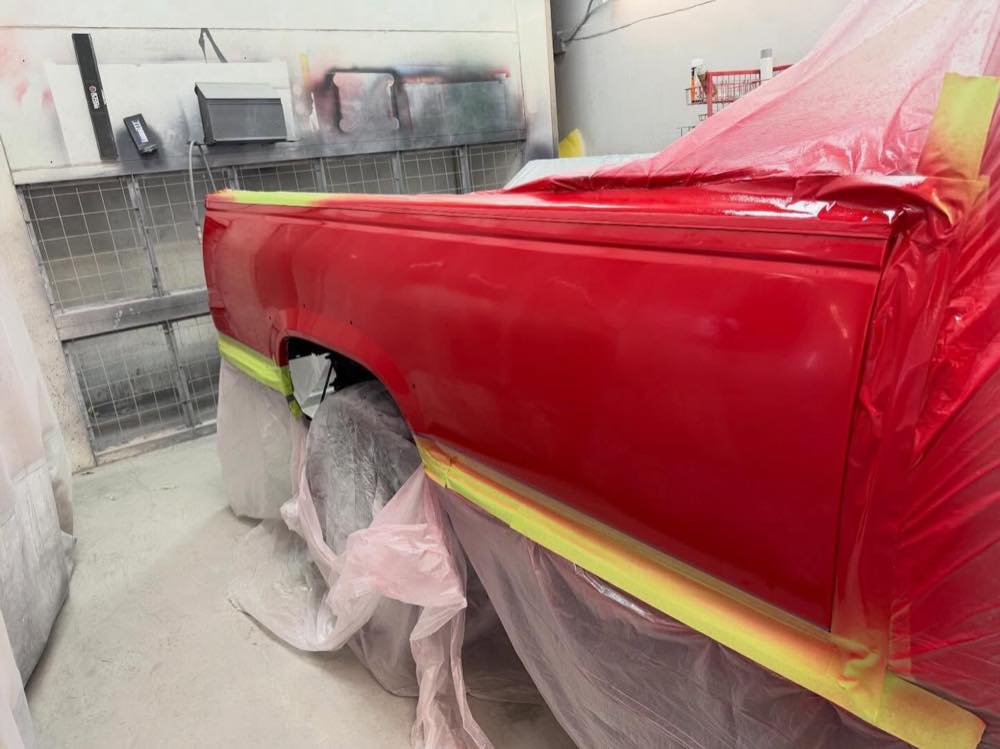 Red door refinish: Masked for color and clear coat